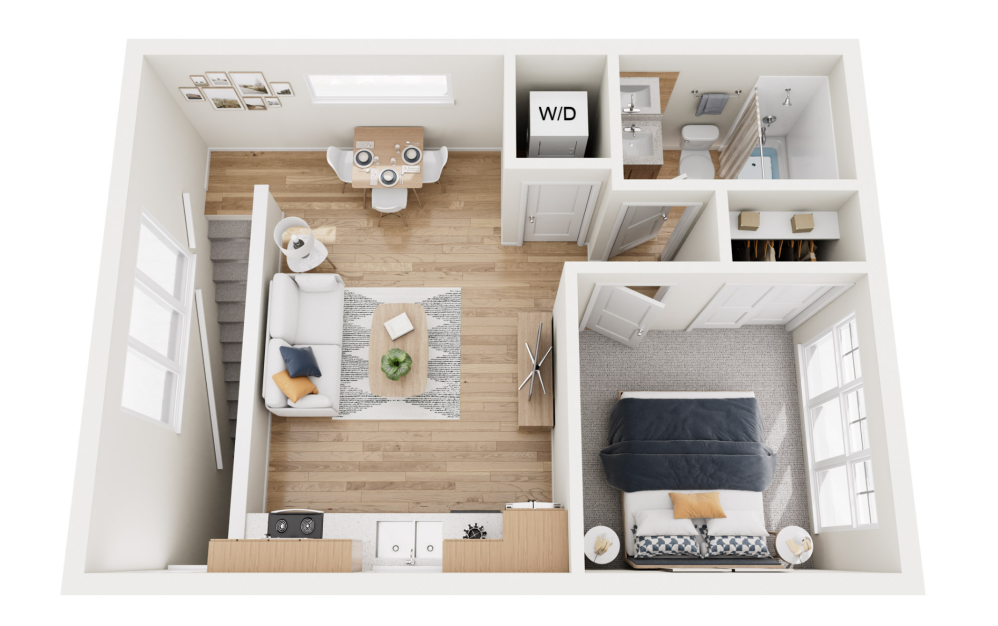 Carriage House - 1 bedroom floorplan layout with 1 bathroom and 542 square feet (3D)